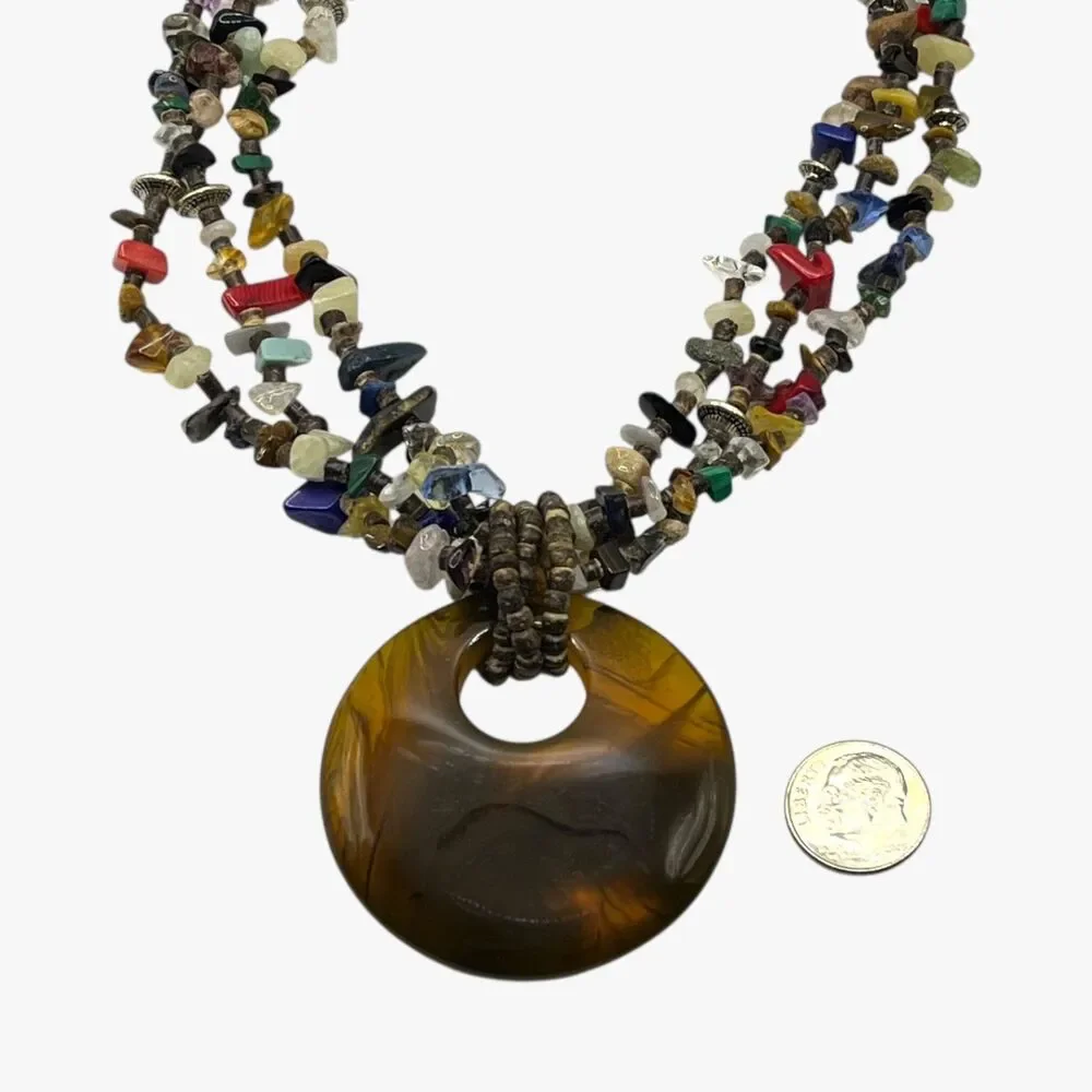 Boho Multi Gemstone Necklace Chunky Resin Pendant Layered Nugget Statement